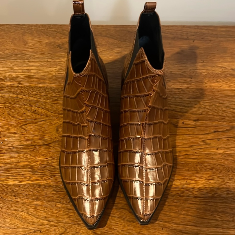 Marc Fisher Brown Croc-Embossed Pointed Toe Ankle Boots